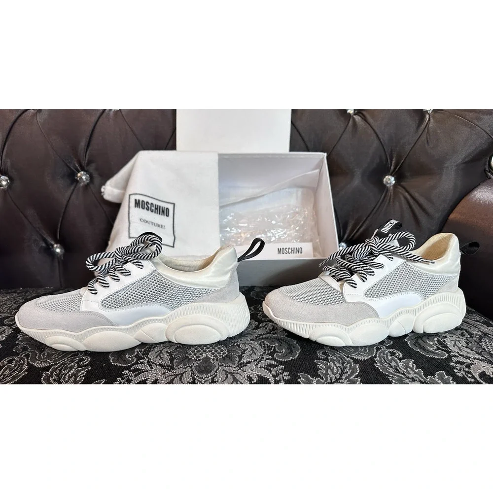 Moschino Shoes Womens 7 Teddy Bear Sneakers White Grey‎ Chunky Designer Mesh Box